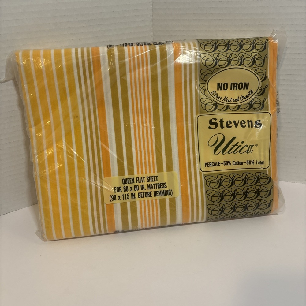 NOS Vintage Stevens Utica Queen Flat Sheet Orange Striped Fancy 1970s No Iron